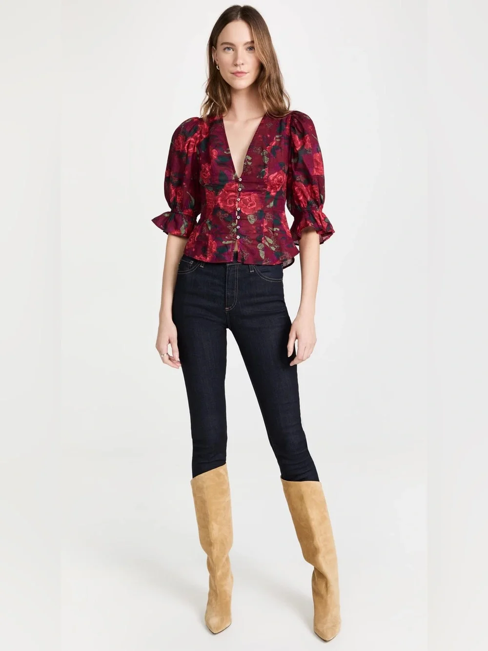 Free People Wine Rose Print Puff Sleeve Blouse